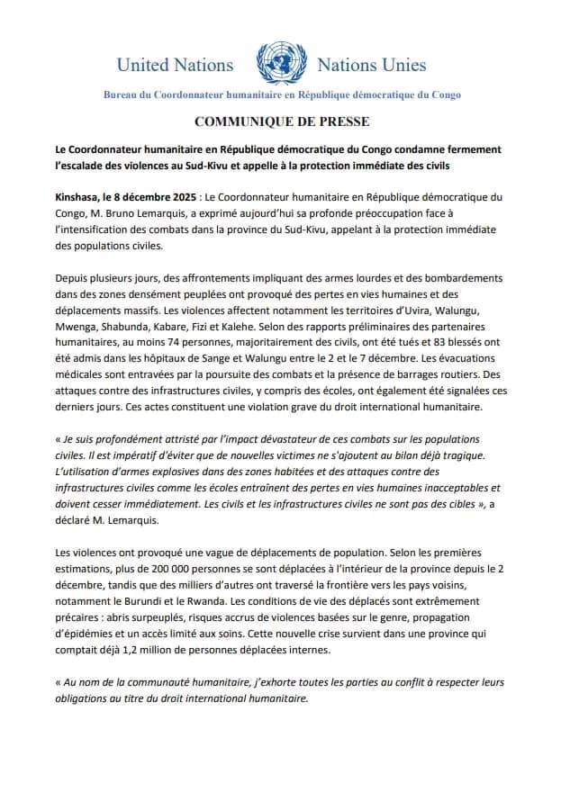Sud-Kivu : plus de 200 000 déplacés en une semaine, l’ONU tire la sonnette d’alarme