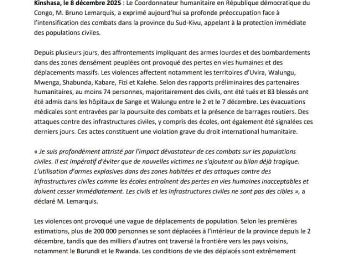 Sud-Kivu : plus de 200 000 déplacés en une semaine, l’ONU tire la sonnette d’alarme