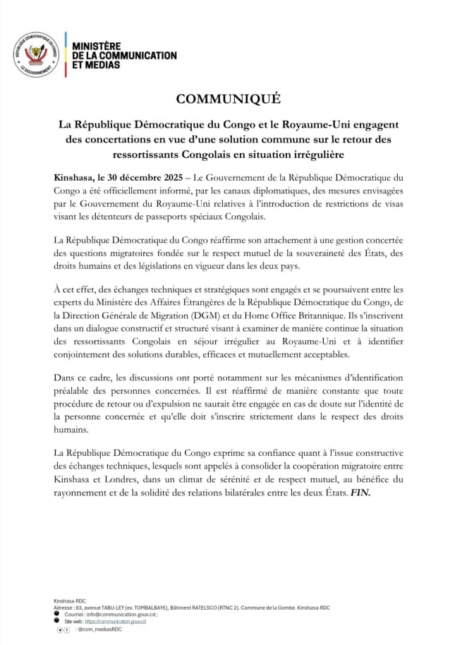 Migration : la RDC et le Royaume-Uni ouvrent un dialogue sur le retour des Congolais en situation irrégulière
