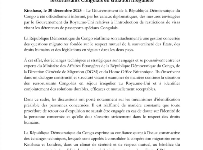 Migration : la RDC et le Royaume-Uni ouvrent un dialogue sur le retour des Congolais en situation irrégulière