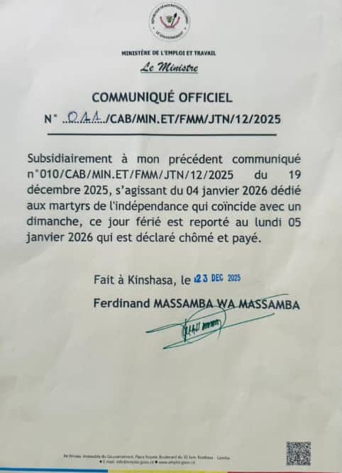RDC : le jour férié du 4 janvier reporté au lundi 5 janvier 2026