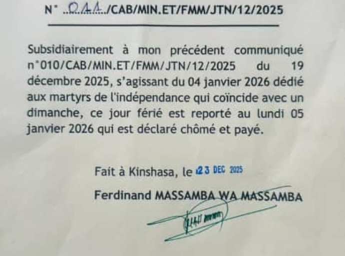 RDC : le jour férié du 4 janvier reporté au lundi 5 janvier 2026