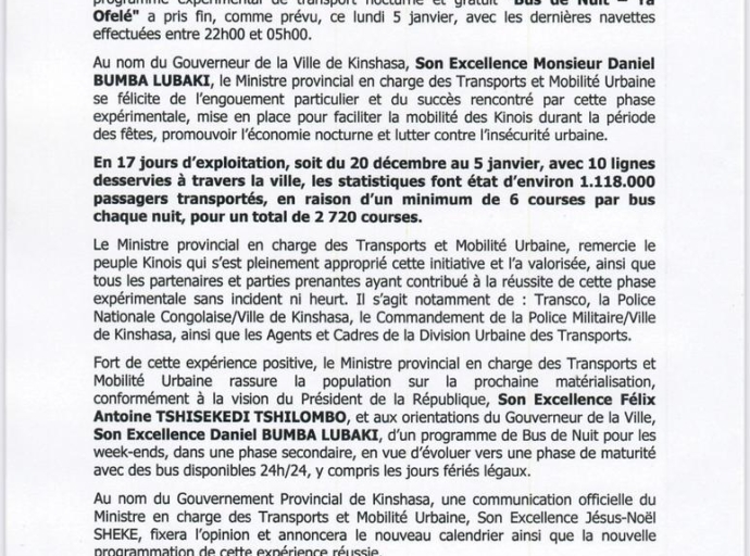 Kinshasa : le Bus de Nuit « Ya Ofelé » boucle une phase pilote réussie