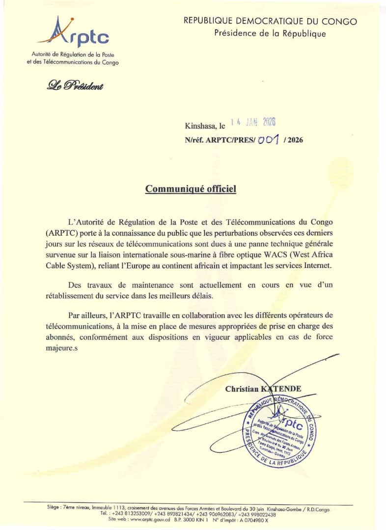 RDC : l’ARPTC éclaire l’opinion sur les perturbations d’Internet