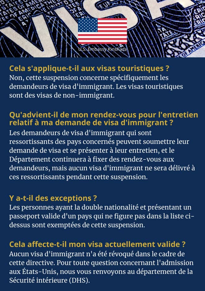 Suspension de visas : l’Ambassade des États-Unis en RDC clarifie