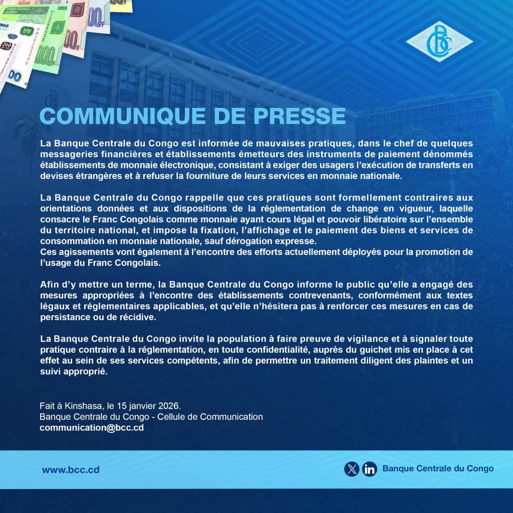 Paiements en devises : la Banque centrale rappelle la primauté du franc congolais
