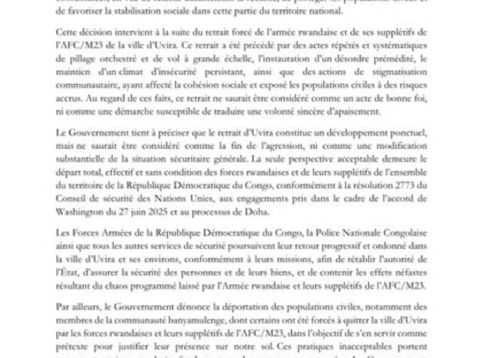 Uvira : le gouvernement lance la restauration progressive de l’autorité de l’État