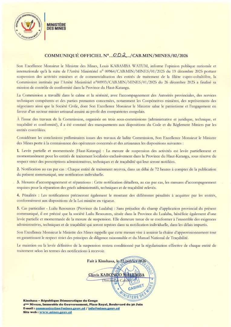Haut-Katanga : la production de cuivre et de cobalt reprend partiellement après contrôle ministériel