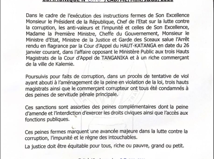 RDC : trois hauts magistrats et un commerçant lourdement condamnés pour corruption