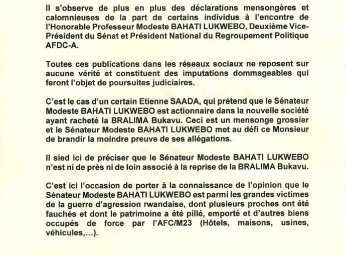 RDC: Modeste Bahati dément toute implication dans le rachat de Bralima-Bukavu