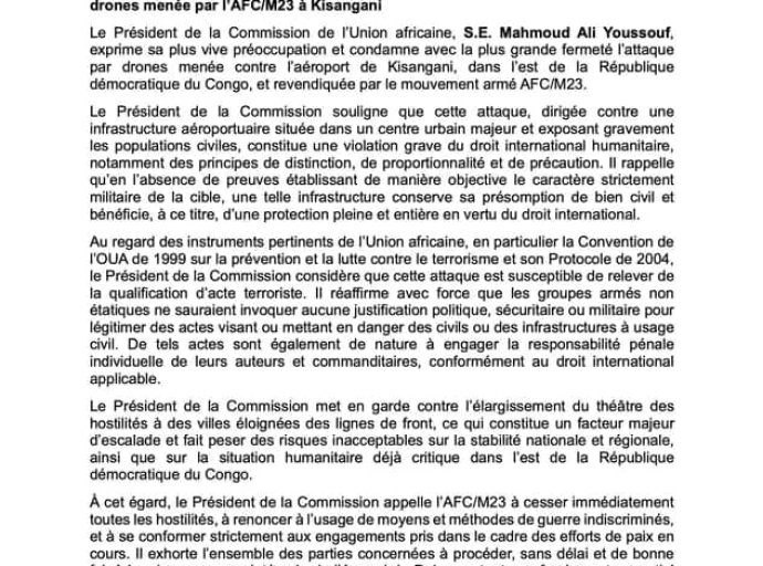 Kisangani : l’Union africaine condamne l’attaque par drones de l’AFC/M23