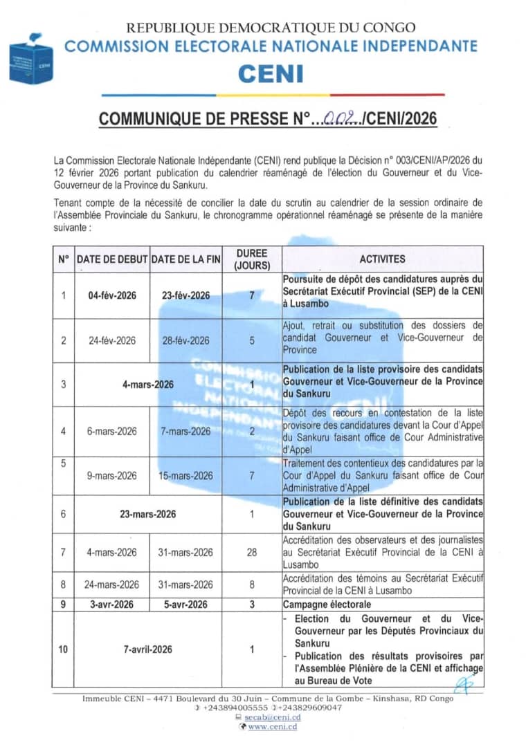Sankuru : la CENI fixe le 7 avril pour l’élection du nouveau gouverneur