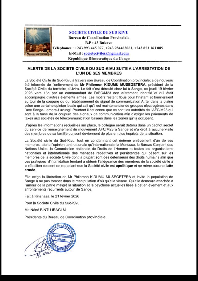 Sud-Kivu : la société civile dénonce l’enlèvement de son représentant à Uvira et exige sa libération