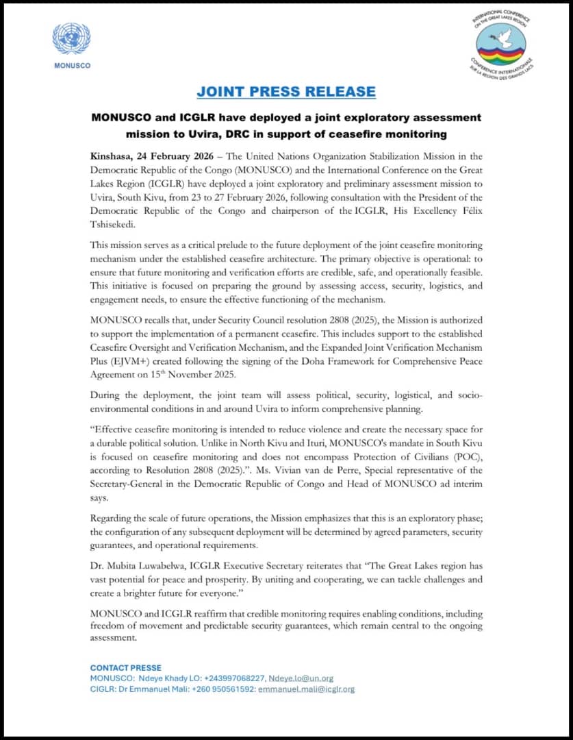 Sud-Kivu : la MONUSCO et l’ICGLR en mission à Uvira pour baliser le suivi du cessez-le-feu