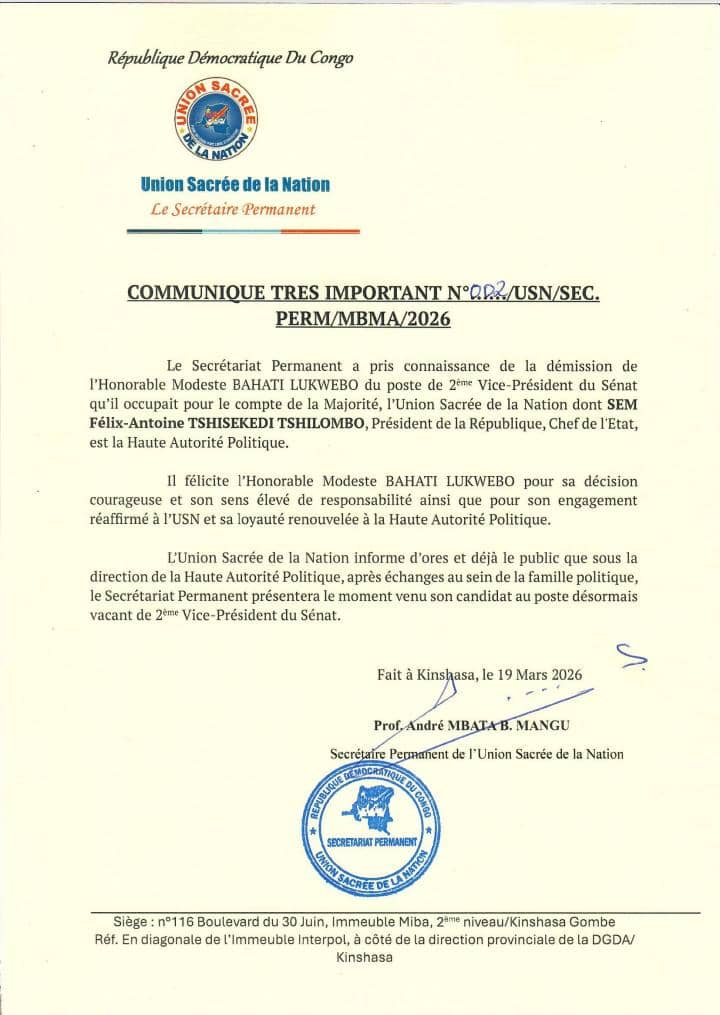 Sénat : l’Union Sacrée rend hommage à la « responsabilité » de Bahati Lukwebo après sa démission