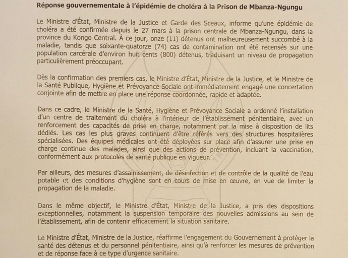 RDC : une épidémie de choléra fait des morts dans la prison de Mbanza-Ngungu