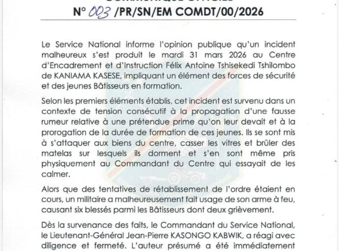 Kaniama Kasese : tirs au centre d’instruction, six blessés et une enquête ouverte