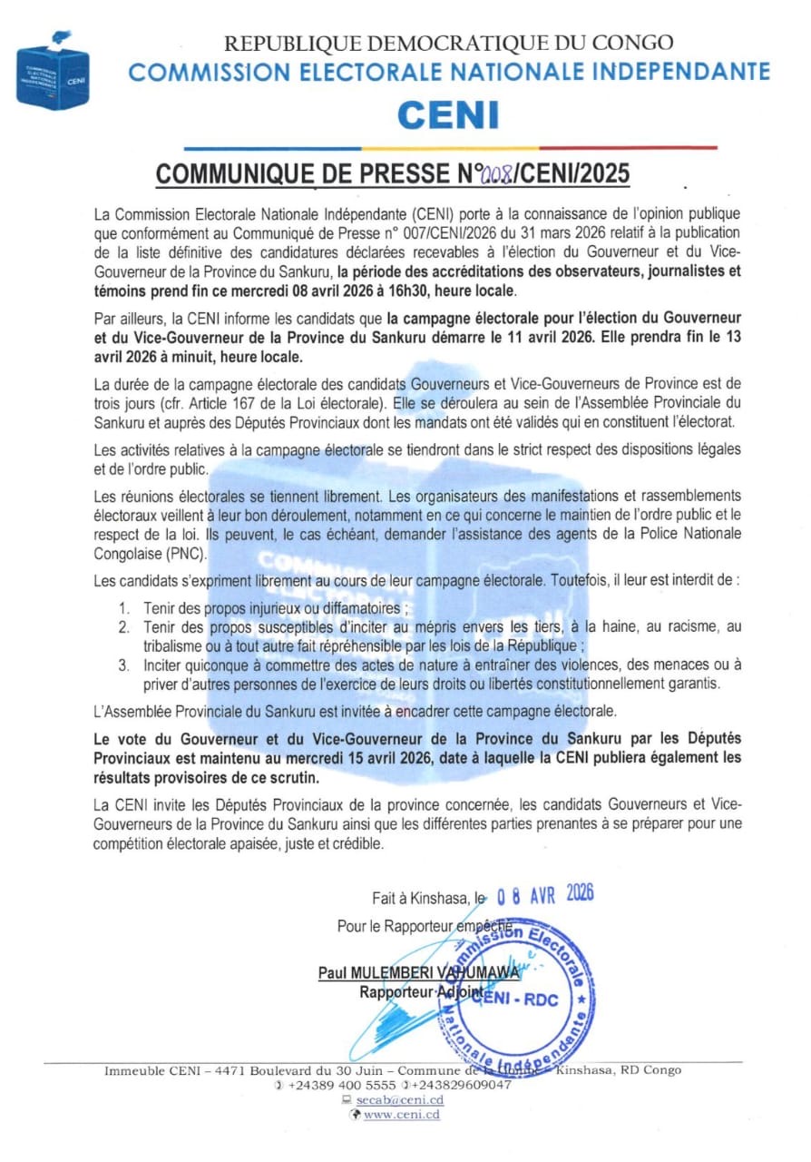Sankuru : la Commission électorale nationale indépendante dévoile le calendrier de la campagne et du scrutin