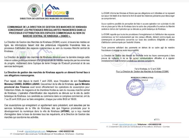 Marché central de Kinshasa : la DGMK dément toute fraude dans l’attribution des espaces