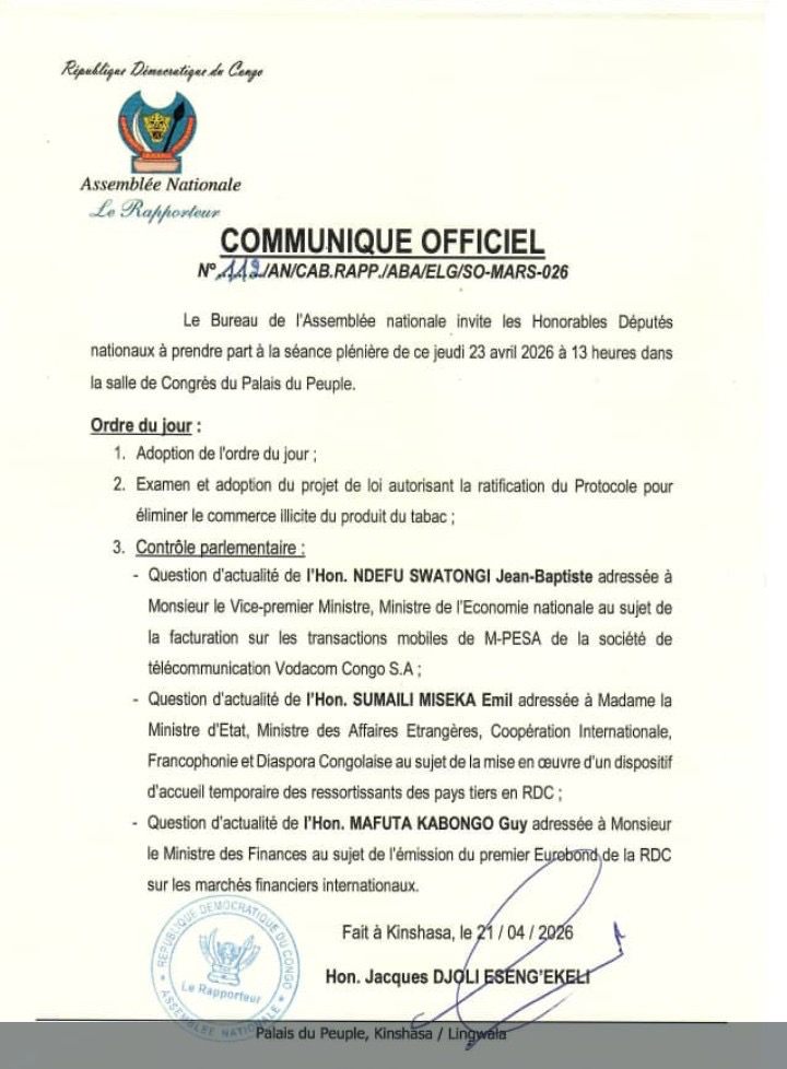 Assemblée nationale : ratification d’un protocole anti-tabac et contrôle parlementaire au menu de la plénière de ce jeudi 23 Avril
