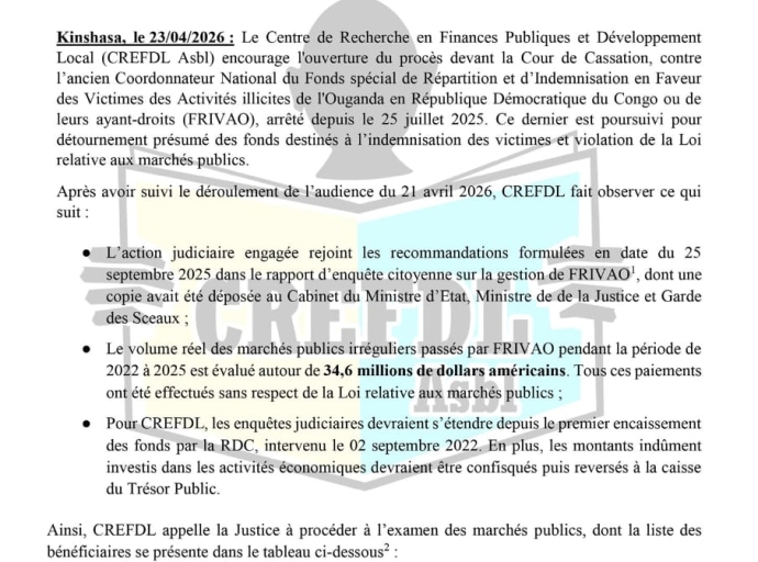 RDC : le CREFDL exige la restitution des 34,6 millions USD de marchés publics irréguliers du FRIVAO
