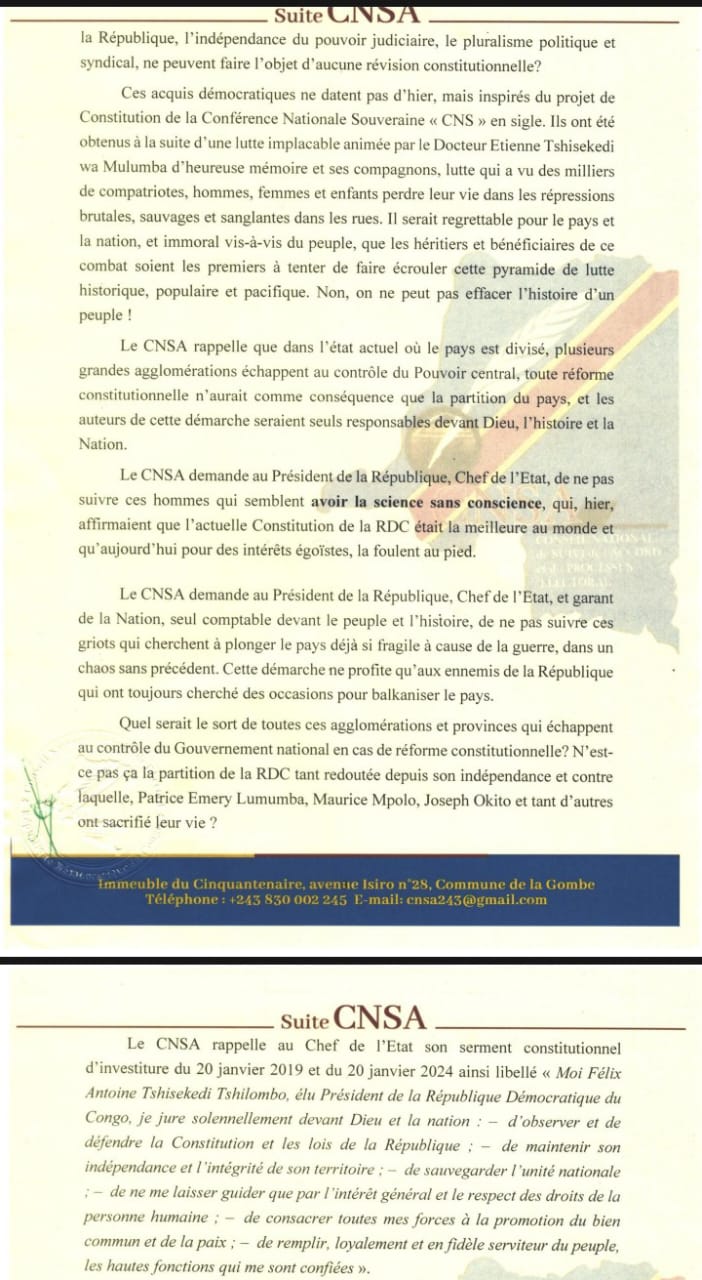 RDC : le CNSA alerte sur une réforme constitutionnelle « dangereuse » et évoque un risque de balkanisation