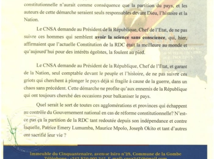RDC : le CNSA alerte sur une réforme constitutionnelle « dangereuse » et évoque un risque de balkanisation