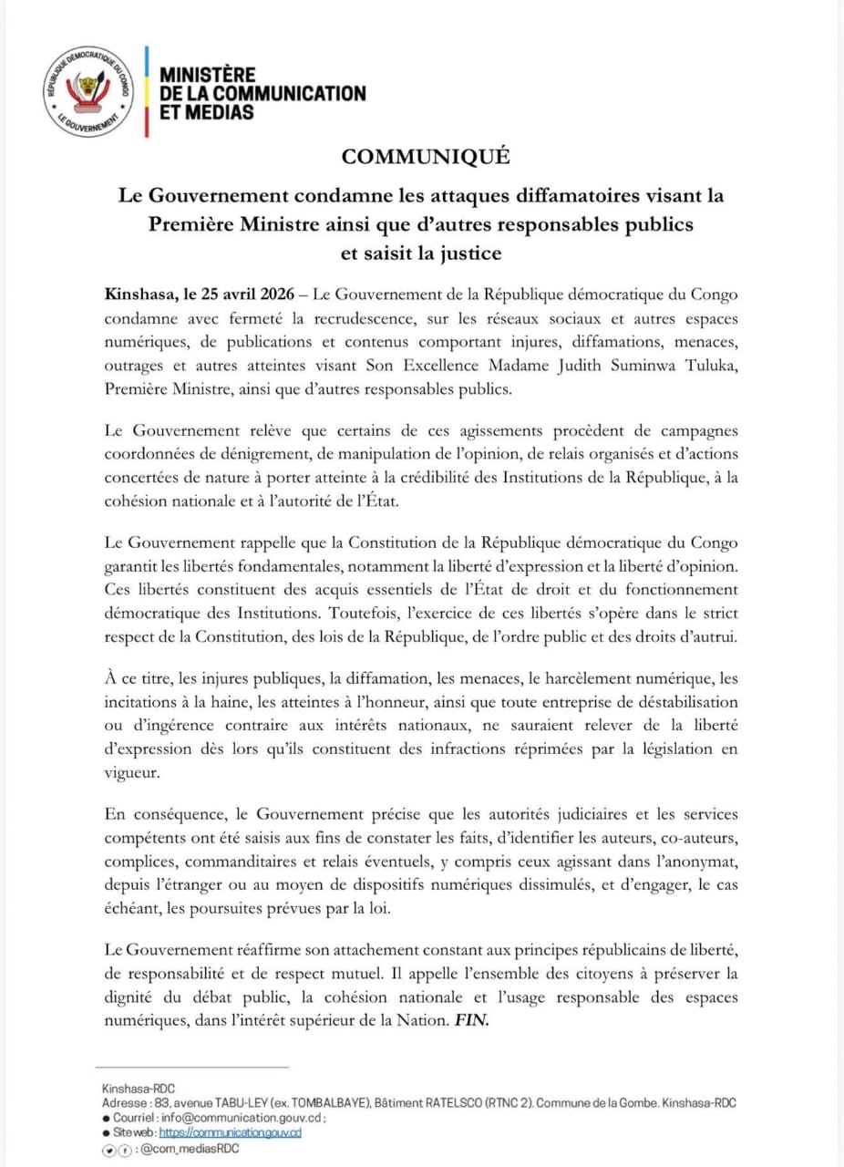 RDC : le gouvernement hausse le ton face aux attaques contre la Première ministre et engage des poursuites judiciaires