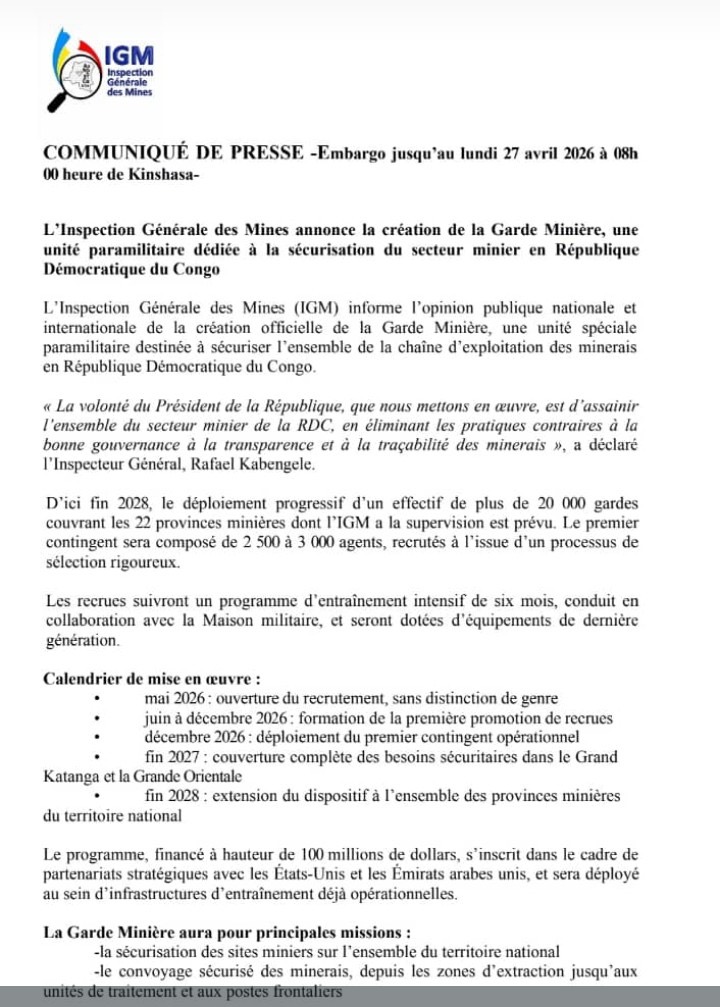 RDC : lancement d’une Garde minière nationale à 100 millions USD pour sécuriser le secteur extractif
