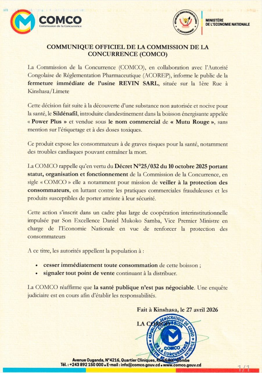 Kinshasa : alerte sanitaire majeure, une usine fermée après la découverte d’une substance dangereuse dans une boisson énergisante  