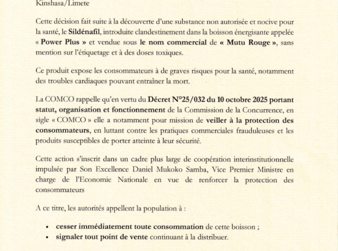 Kinshasa : alerte sanitaire majeure, une usine fermée après la découverte d’une substance dangereuse dans une boisson énergisante  