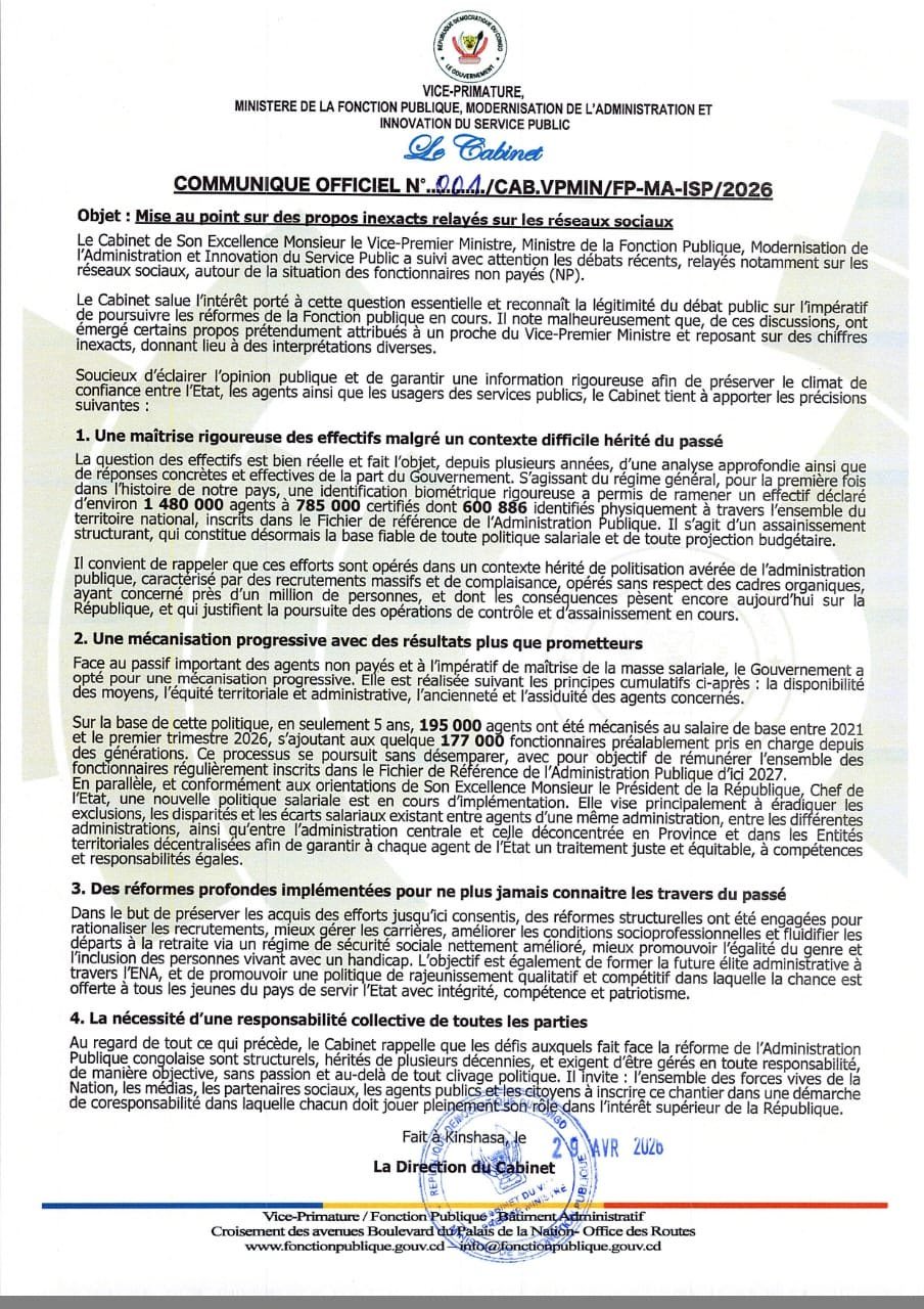 Fonction publique en RDC : face aux rumeurs, le gouvernement détaille ses réformes et rassure les agents