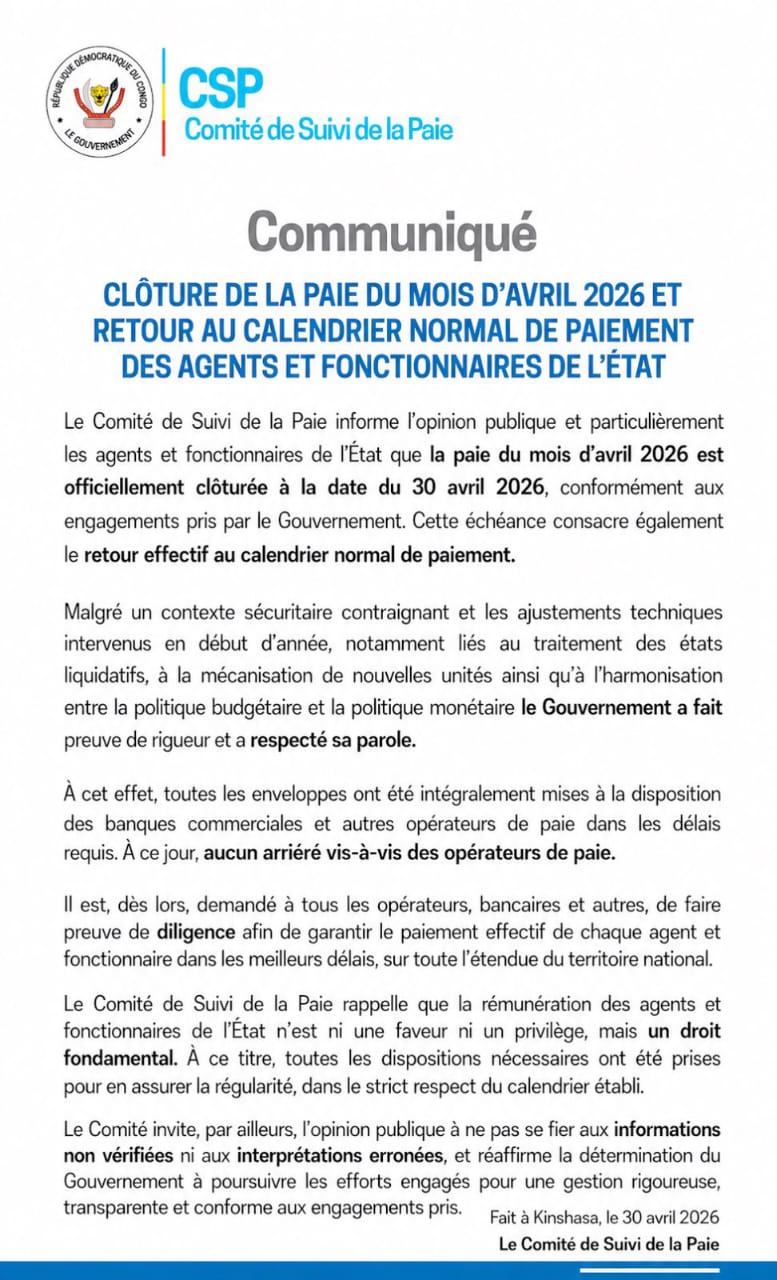 RDC : la paie d’avril bouclée, retour annoncé à la régularité salariale des agents de l’État
