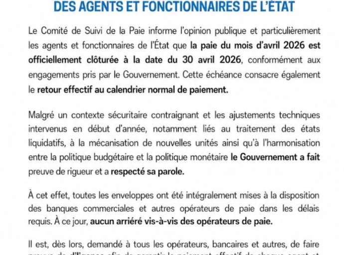 RDC : la paie d’avril bouclée, retour annoncé à la régularité salariale des agents de l’État
